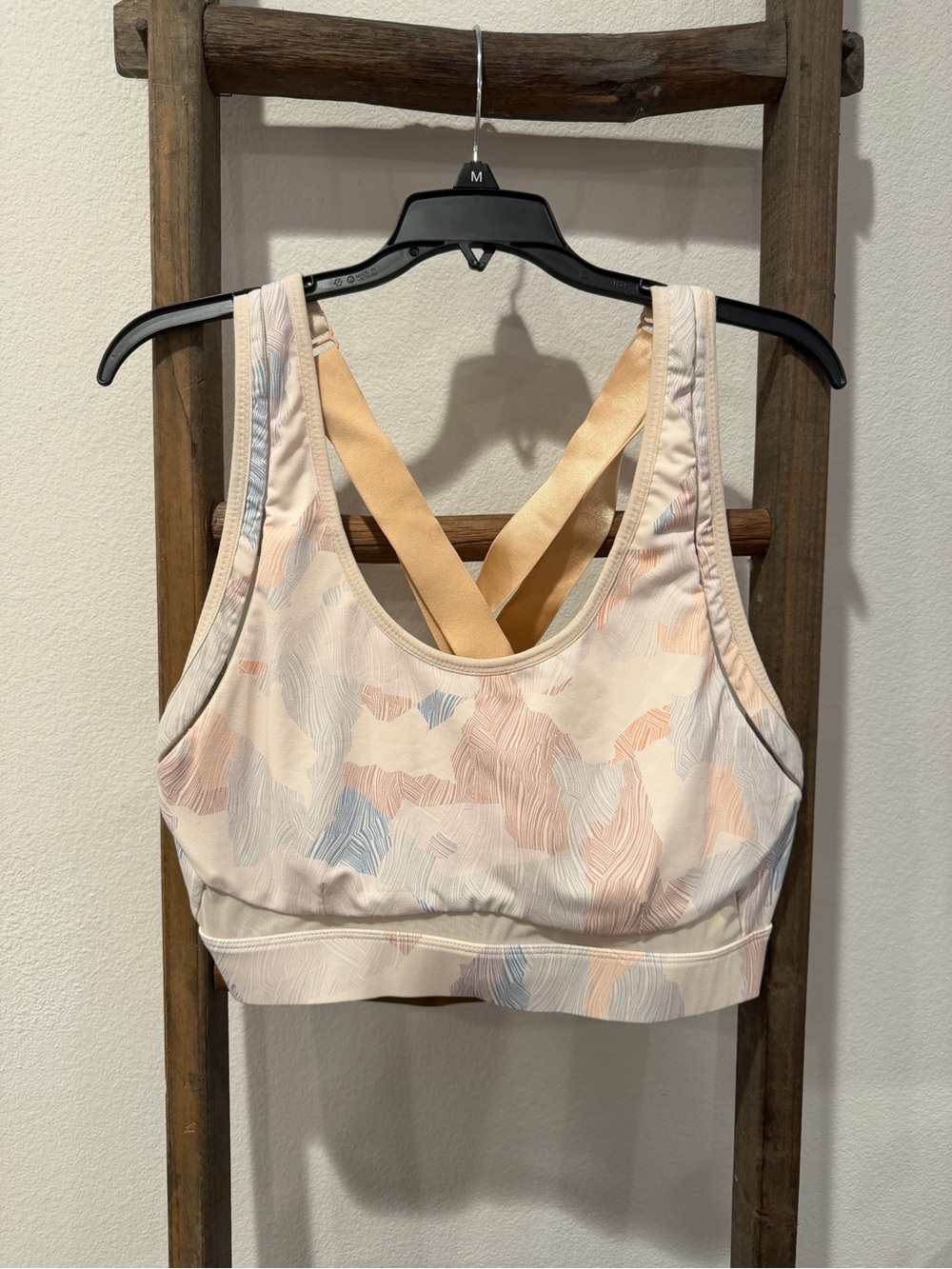 Fabletics Pale Pink Abstract Print Sports Bra with Peach Straps